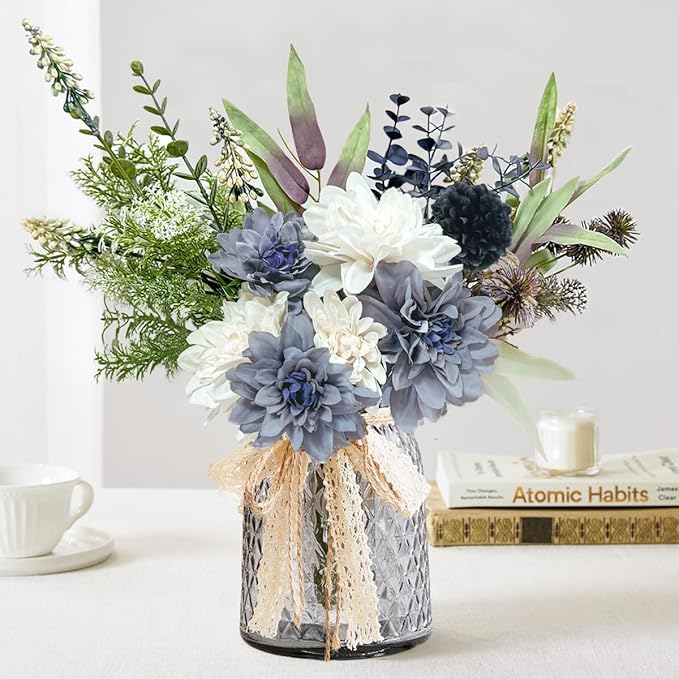Wracra Artificial Flowers in Vase, Silk Fake Flowers with Vase, Faux Flowers Table Centerpieces for Dining Room, Bathroom Farmhouse Kitchen Coffee Table Decor (White Blue Dahlia,Grey)