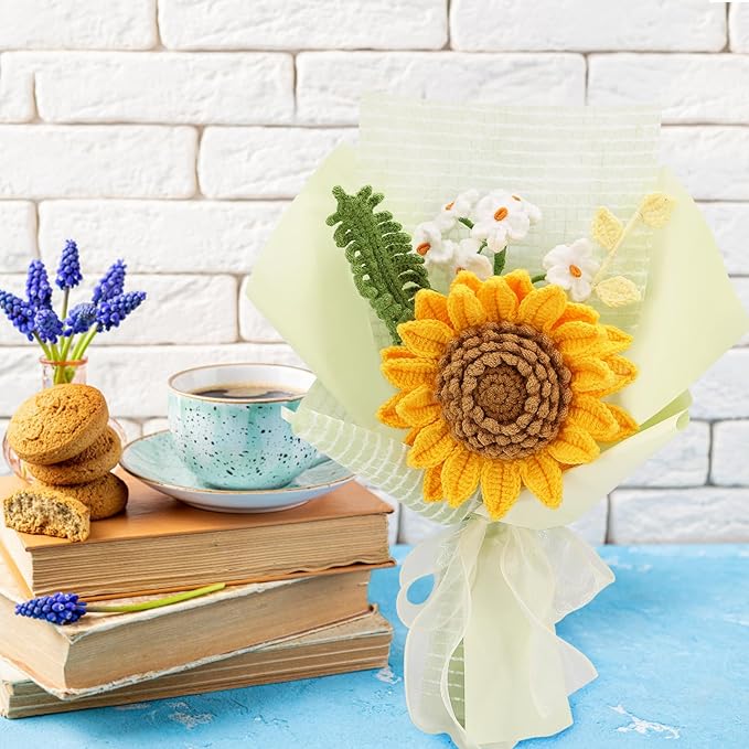 Crochet Flowers Finished Bouquet Crocheted Cotton Thread Flowers, Handmade Crochet Rose Tulip Fern Leaf as a Gift for Lover, Friends. Artificial Flower (Yellow)