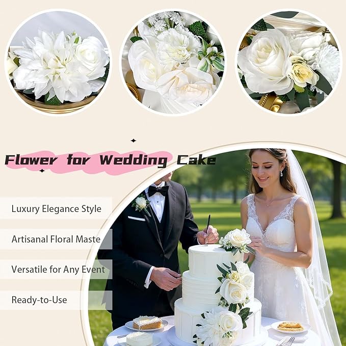 3PCS Ivory White Silk Flowers for Cakes Decorations Artificial Rose Peony Butterfly Wedding Cake Toppers Decorating Fake Floral Anniversary Birthday Party Arrangements Table Centerpieces Pre-Made