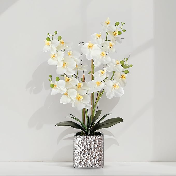 SJC Orchid Artificial Flowers with Sliver Vase Large Silk Faux Phalaenopsis Flowers for Dining Room Table Floral Centerpieces Indoor Decoration,White