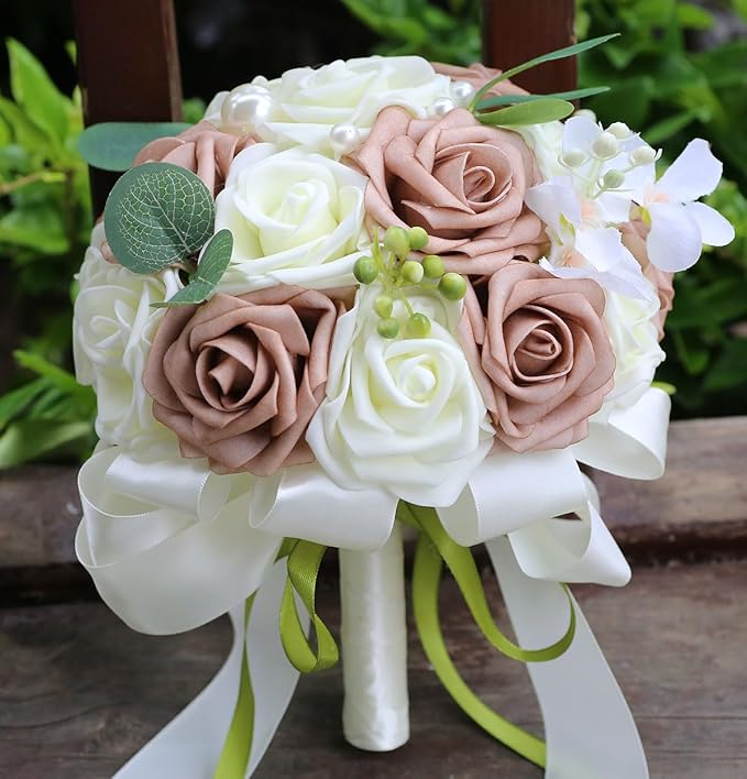Lightweight Bridal Wedding Bouquet Round Holding Bouquet Throw Toss Artificial Rose Flower Bunch for Bride Bridesmaid Wedding Quinceanera (Cream & Rosy Brown, 6.7")