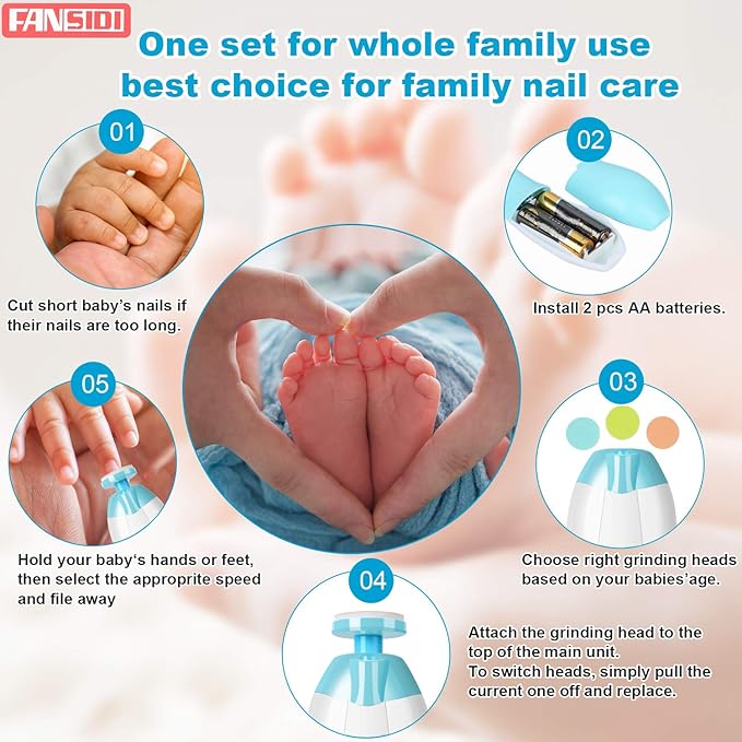 Baby Nail Clippers, FANSIDI Safe Baby Nail Trimmer Baby Nail File Electric with 10 Filing Pads 8 Sandpapers for Newborn Infant Toddler or Adult Toes Fingernails Care - AA Battery Operated (White/Blue)