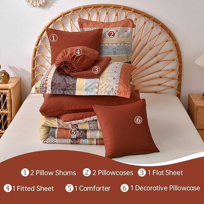 Cottolester Boho Comforter Set Queen Size,8 Pieces Red and Orange Bohemian Striped Bed in a Bag,Paisley Soft Microfiber Bedding Comforter Set