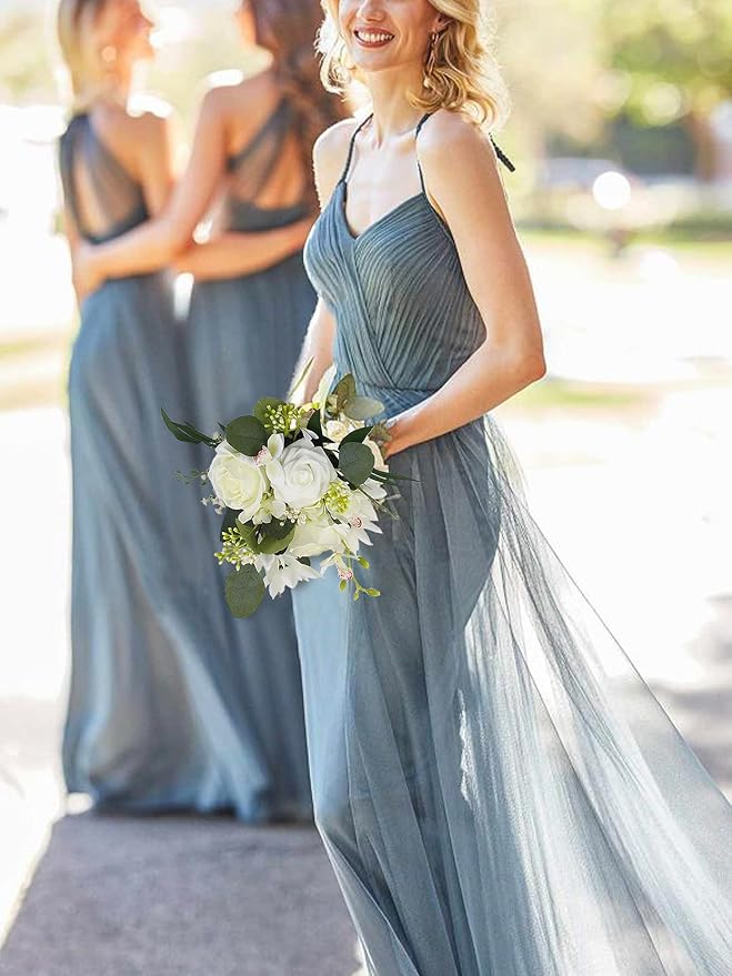 Rinlong 1Pc Wedding Bouquets for Bride Bridesmaids White Rose Green Artificial Flowers Bridesmaids Bridal Bouquet for Wedding Prom