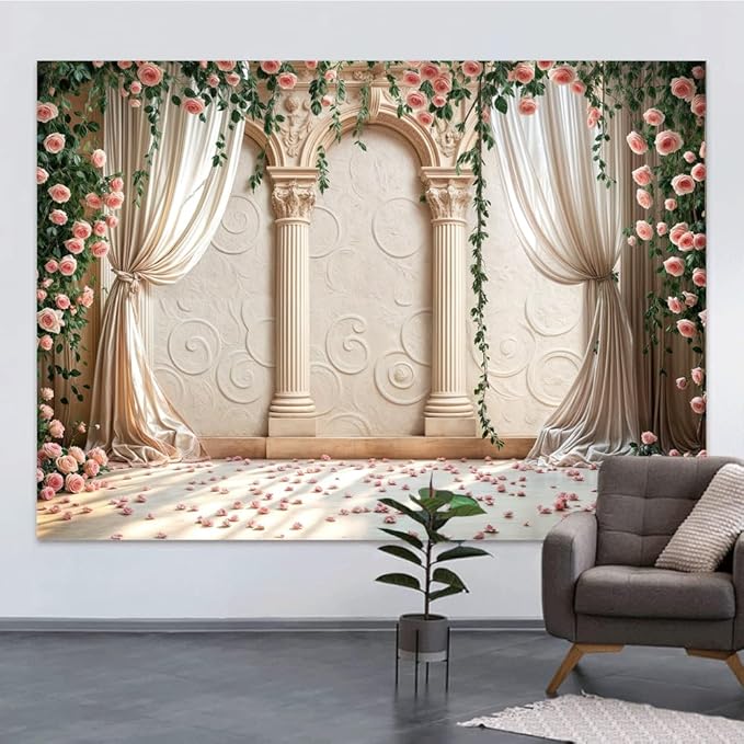 Wedding Party Backdrop, Floral Grass Wall White Sheer Curtain Flower Arch Photography Background, Greek Rose Wall Arch Lover Marriage Proposal Bridal Reception Photo Booth Props Banner 10x8ft