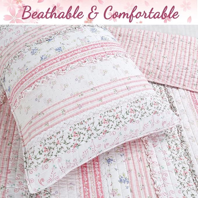 Cozy Line Home Fashions Pink Flower Lace Ruffle Stripe Shabby Chic Girl 100% Cotton Reversible Quilt Bedding Set, Coverlet, Bedspread (Pink Lace, King - 3 Piece: 1 Quilt + 2 Shams)