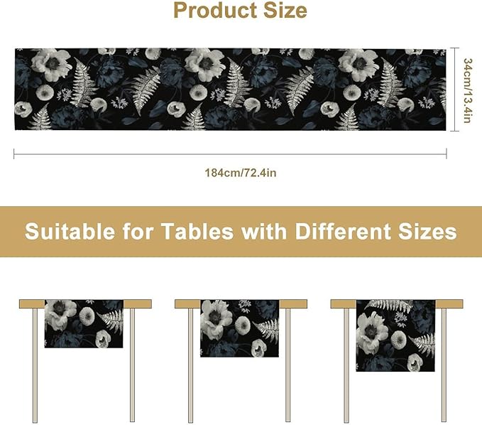 Vintage Floral Table Runner,Gothic Blue White Retro Floral Plant Print Table Runner for Home Kitchen Table Dining Indoor Outdoor Party Decor 13x70 Inch