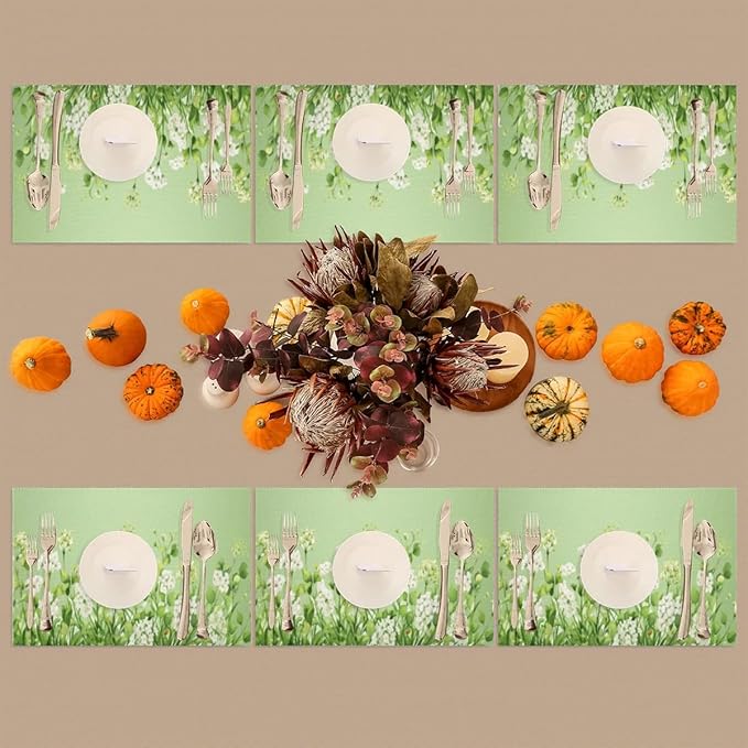 PVC Placemats Set of 1 Sage Green Flower Wipeable Table Mats Washable Heat Resistant Non Slip Vinyl Dining Table Mat for Kithen Indoor Outdoor Patio Farmhouse Place Mats Decorative