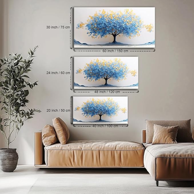 LAVIKARS Modern Tree of Life Wall Art for Living Room Office Navy Blue and Yellow Floral Abstract Landscape Canvas Painting Prints Large Nature Artwork Home Kitchen Bedroom Decor (23x46 Inches)