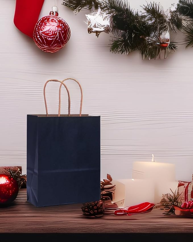 qiqee Large Kraft Paper Bags with Handles 13"x10"x5" 32 pcs Gift Paper Bag Navy Blue Solid Color Bags(Large Size)