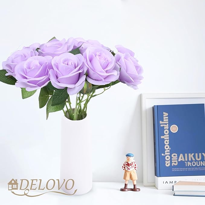 52pcs Lavender Roses Artificial Flowers Fake Flowers Silk Roses with Stems for DIY Wedding Bouquets Bridal Shower Centerpieces Arrangements Party Decorations