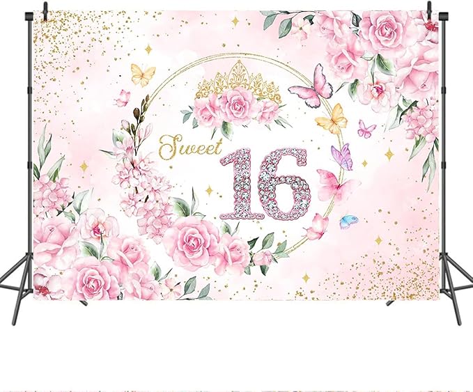 Mocsicka Sweet 16 Backdrop Rose Gold Sweet Sixteen Party Decoration Girls Pink Floral Gold Glitter Butterfly 16 Birthday Banner for Photoshoot (10x7ft)