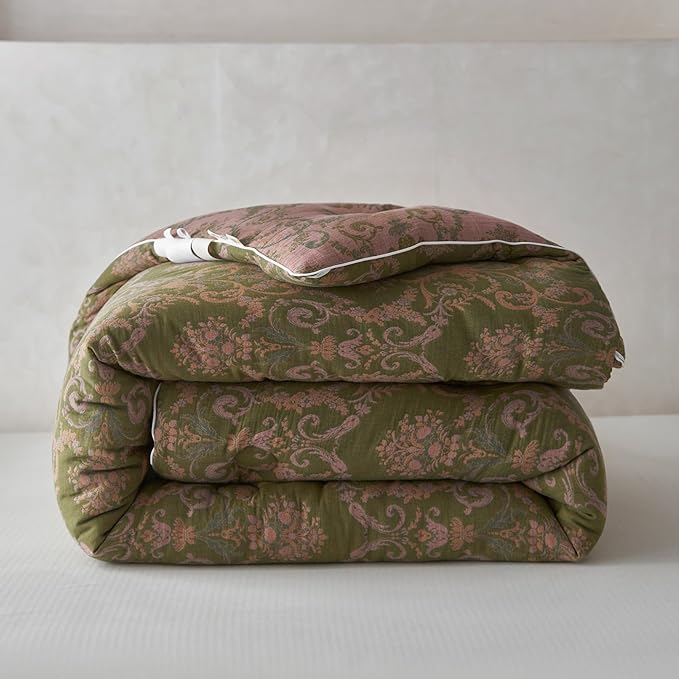 HighBuy Muslin Cotton Comforter Set King Size Paisley Floral Print Hotel Luxury Breathable Bedding Comforter All Season Olive Green Boho Bedding Set with 1 Floral Comforter 2 Pillowcases