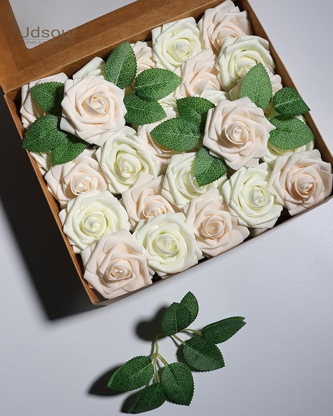 50pcs Artificial Flower,Real Touch Foam Roses w/Stem DIY for Wedding Bouquet Centerpieces Party Shower Home Decor-Ivory Cream