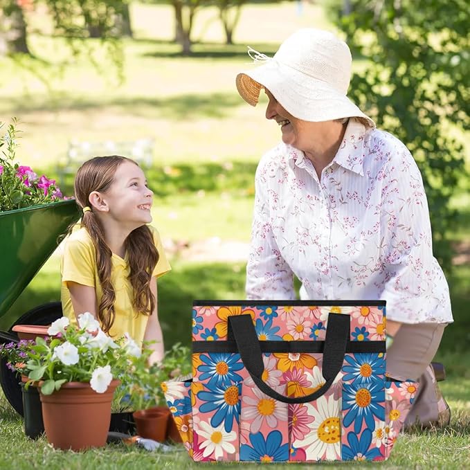Garden Tool Bag Organizer Garden Tote Bag with Pockets Small Print Flowers Tool Storage Organizer Gardening Tool Kit Holder 13" x 6.8" x 2.8"