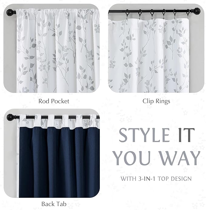 Beauoop Floral 100% Blackout Curtains 84 Inches Long 2 Panels for Bedroom Living Room Grey White Flower Patterned Room Darkening Thermal Insulated Soundproof Rod Pocket Back Tab Window Drapes, 52X84