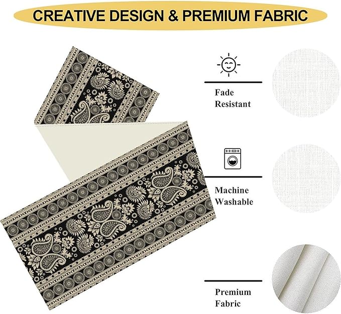 Vintage Paisley Table Runner, Retro Damask Vintage Boho Farmhouse Rustic Table Center Decor for Home Kitchen Dining Patio Holiday Party Indoor Outdoor Table Decorations 13x72 inch