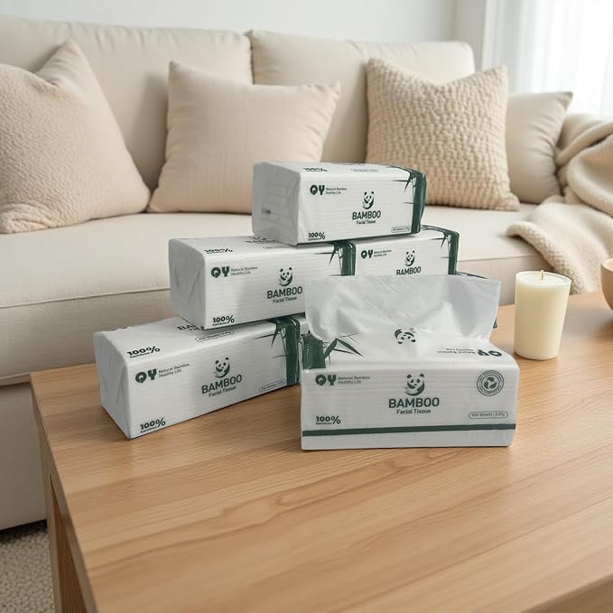 Soft Durable Bamboo Facial Tissues - 3 Ply bleached Facial Paper Dry or Wet Use 12 Packs(150 Tissue per Pack, 1800 Tissues Total)