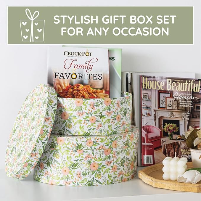 Soul & Lane Wild Flowers Oval Storage Boxes for Home Décor - Set of 2: Floral Gift Boxes with Lids for Presents, Decorative Photo Storage Cartons, Stackable Paperboard Containers for Organizing