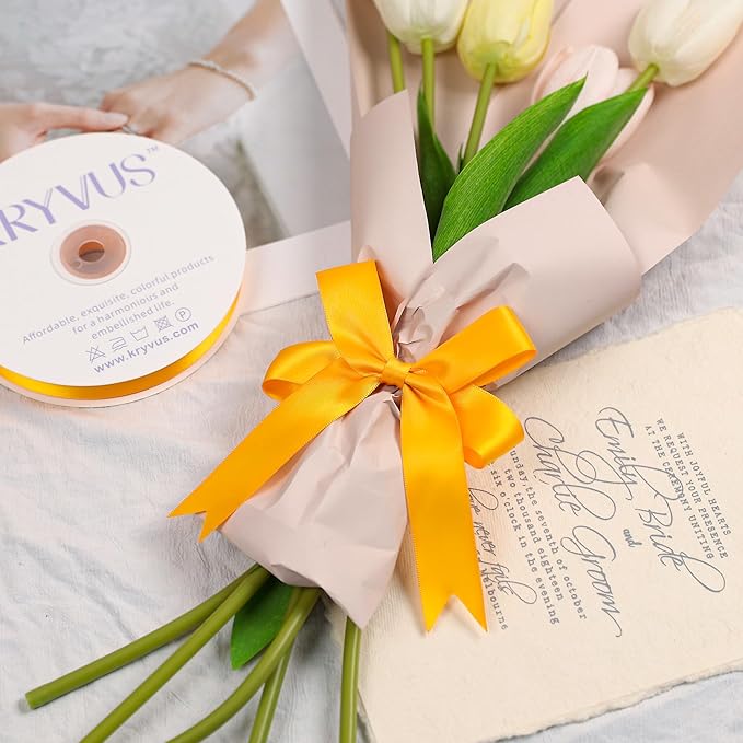 Yellow Gold Satin Ribbon, Double Faced 1 Inch X 25 Yards Yellow Gold Ribbon, Premium Satin Ribbon for Gift Wrapping, Crafts, Hair Bow Making, Sewing, Flower Bouquet, Wedding Party Decor