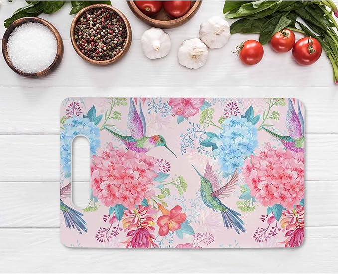 Hummingbirds Cutting Board with Handles Tropical Flowers Bird Pink Cutting Boards Plastic Safe Chopping Board for Kitchen 16" x 10" x 0.24"