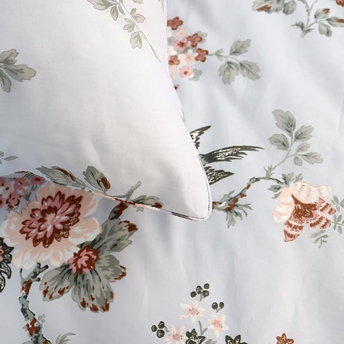 FADFAY Duvet Cover Set Twin XL Elegant Floral College Bedding Shabby Grey Bird Print Flower Quilt Cover Set 100% Cotton Soft Comforter Cover Set with Zipper Closure 3Pcs, Twin XL Size for Dorm Room