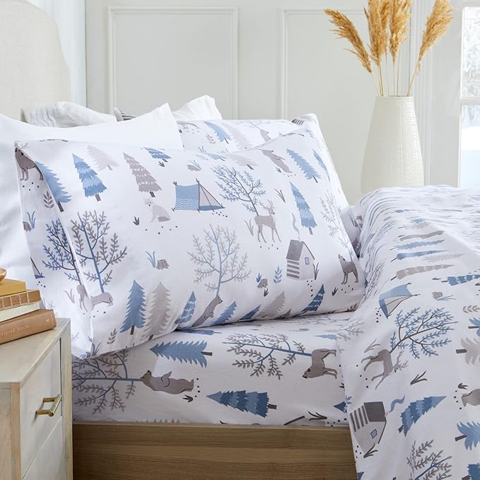 Market & Place 100% Turkish Cotton Flannel Sheet Set | 4 Piece Deep Pocket Novelty Cozy Winter Bed Sheets | Double Brushed for Extra Softness & Comfort | Alpine Collection (King, Winter Wildlife)