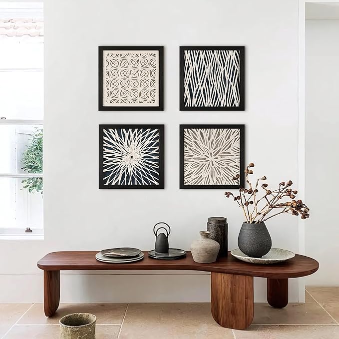 FOLKOR Abstract Framed Black and White Wall Art for Hallway Entryway Staircase, 12" Natural Rice Paper Geometric Wall Decor, Unique Room Aesthetic Artwork Wall Panel for Farmhouse Living Room Book Shop