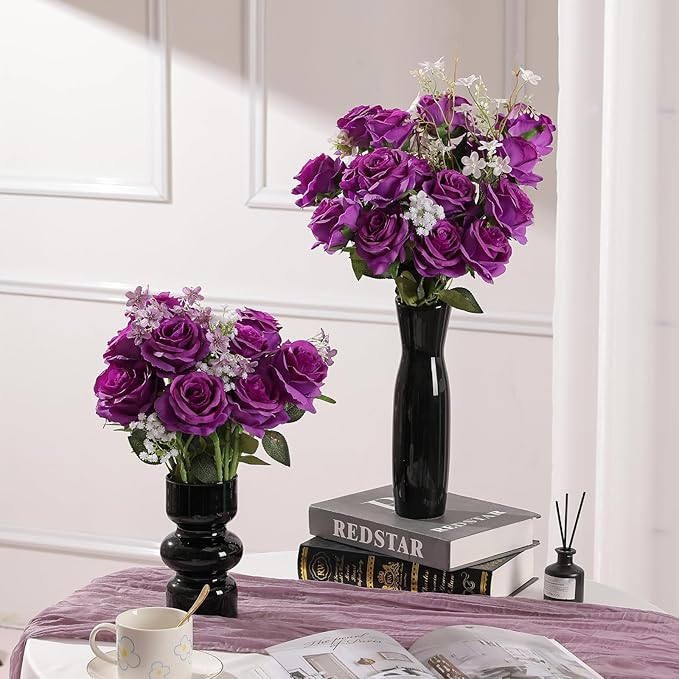 Nubry 24pcs Artificial Silk Roses Bulk,Fake Roses Flower with Stems Realistic Flowers for Wedding Centerpiece Home Party Decor(Purple)