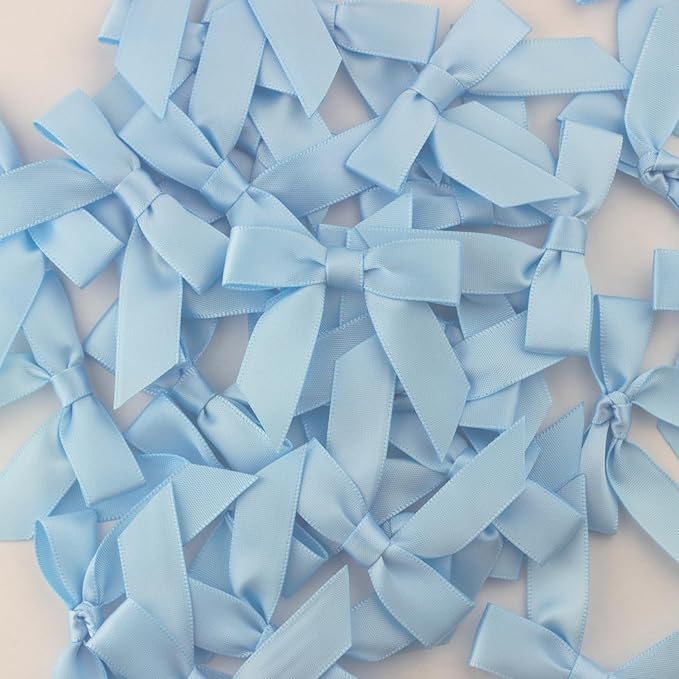 7Rainbows 50pcs Boutique 1.5" Light Blue Satin Ribbon Mini Bows for Craft Sewing Scrapbooking Wedding and Gift Wrapping