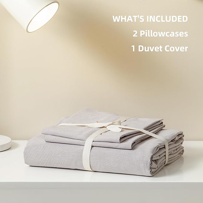 JIYUAN 100% Washed Cotton Duvet Cover Set 3 Pieces Full, 1 Duvet Cover 80x90 Inches(Comforter Not Included) and 2 Pillowcases,Linen Feel Bedding Set Comfy and Breathable, Heathered Linen