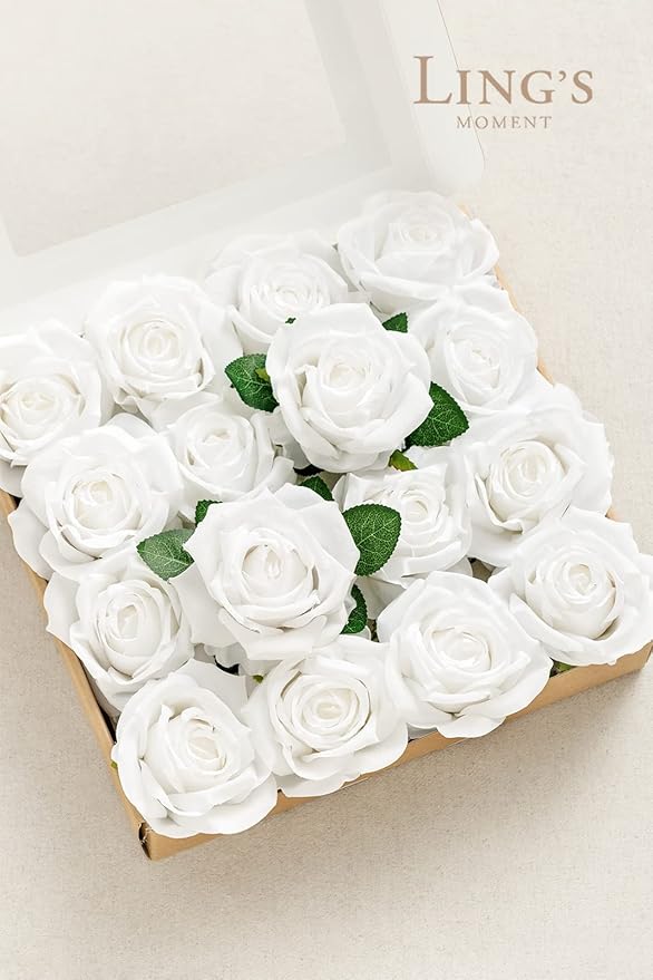 Ling's moment Artificial Silk Flowers, 16pcs Faux Pure White Roses with Stems, 3.5" Fake Ivory Flowers Bulk for DIY Wedding Bouquets Centerpieces Party Baby Shower Home Decoration