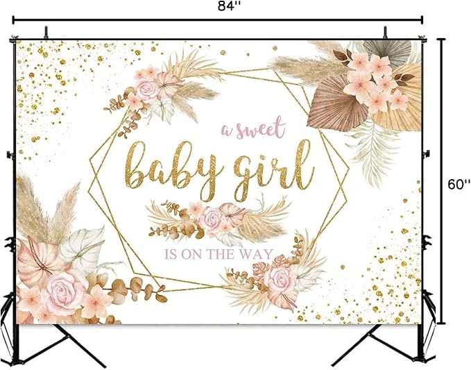 Sensfun Boho Sweet Girl Baby Shower Backdrop It's A Girl Baby Shower Photography Background Blush Pink Floral Pampas Grass Party Decorations Banner Newborn Photo Shoot Props 7x5ft