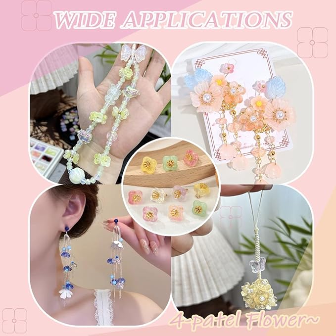 100PCS Glass Flower Beads for Jewelry Making 4 Petal Flower Bead Caps Gradient Cute Floral Beads Aesthetic Charms for Necklace Bracelets Earrings DIY Craft Home Decoration-Red