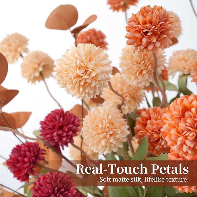 Real-Touch Faux Silk Mums Bouquet, Bendable Long Stems, Full & Realistic Artificial Flower Arrangement for Vase, Table, Wedding & Wreath Décor, Beige(No Vase) (Mixed Orange)