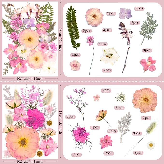 92 Pcs Pink Pressed Dried Flowers for Resin, Real Natural Bulk Dry Wildflowers Leaves Perfect for Epoxy Molds, DIY Crafts, Soap Candles Jewelry Making, and Home Decor