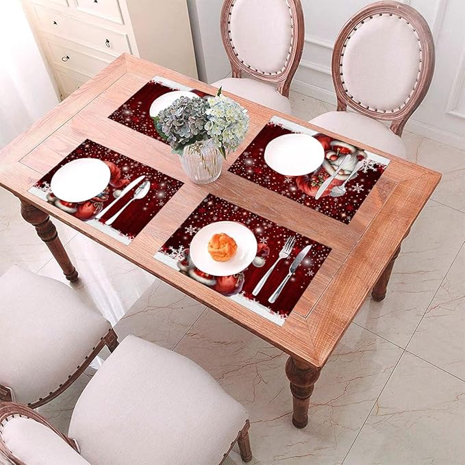 PVC Placemats Set of 4 Wipeable Table Mats Washable Heat Resistant Non Slip Vinyl Dining Table Mat for Kitchen Indoor Outdoor Patio Farmhouse Place Mats Red Santa Claus Gnome Decorative