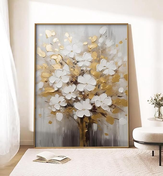 Hand-Painted White and Gold Flowers Painting On Canvas for Living Room,Large 3D Floral Wall Art for Office,Framed Golden Leaf Textured Artwork for Bedroom Wall Decor 32x48inch
