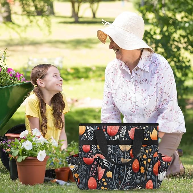 Garden Tool Bag Organizer Garden Tote Bag with Pockets Flowers Buds Leaves Tool Storage Organizer Gardening Tool Kit Holder 13" x 6.8" x 2.8"