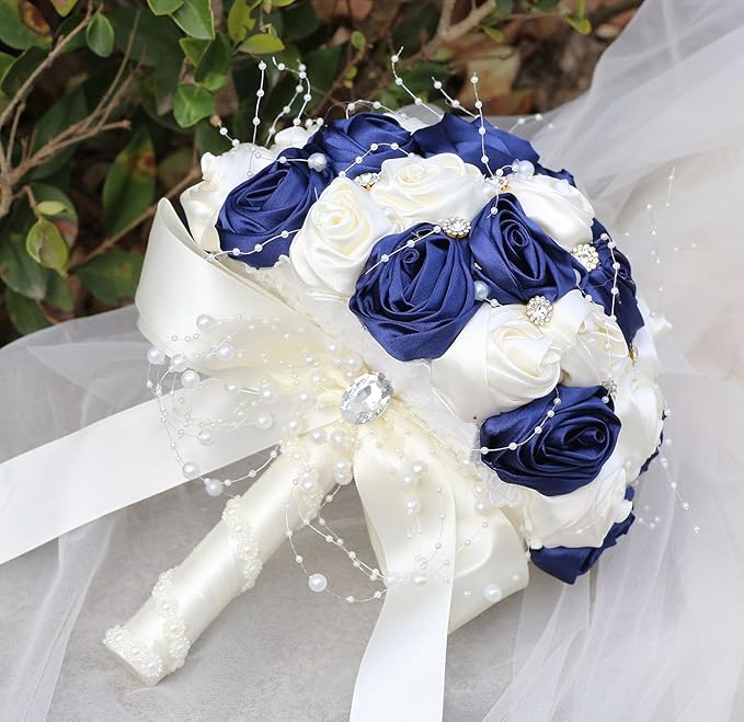 Bridal Wedding Bouquet Round Bling Brooch Bouquet Throw Toss Artificial Rose Flower Bunch for Bride Bridesmaid Wedding Quinceanera(Navy Blue & Ivory, 9.8")