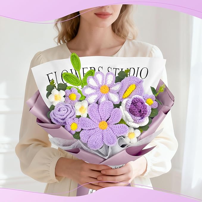 Crochet Flower Bouquet, Purple Knitted Flowers, Handmade Crochet Roses Calla Lily Gasang for Lover Anniversary Birthday Party Mother's Day Graduation Gifts (Purple)