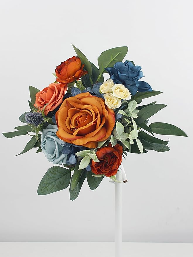 Rinlong 1Pc Fall Wedding Bouquets for Bridesmaids Bride Terracotta Navy Blue Artificial Bridesmaid Bridal Bouquet for Wedding Prom Burnt Orange Navy Blue