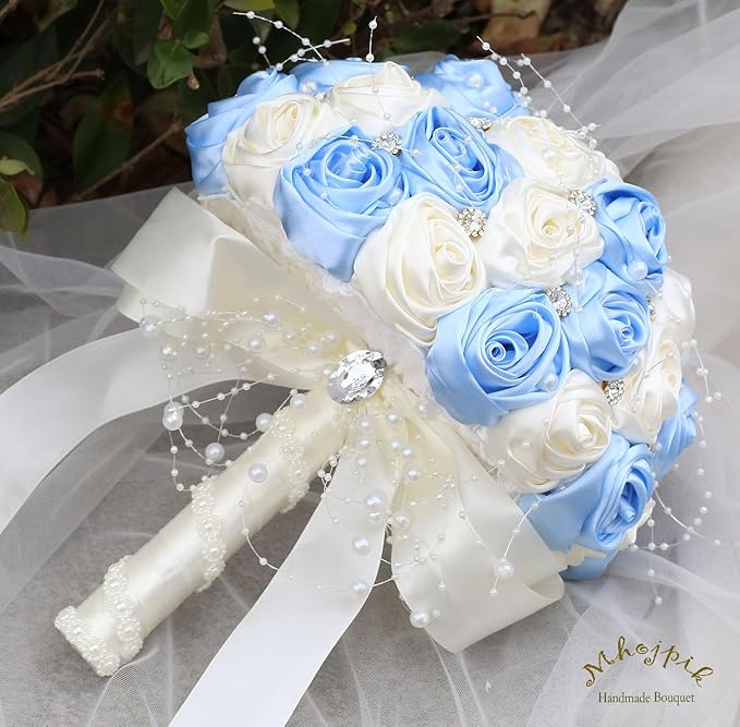 Bridal Wedding Bouquet Round Bling Brooch Bouquet Throw Toss Artificial Rose Flower Bunch for Bride Bridesmaid Wedding Quinceanera(Light Blue & Ivory, 7.5")