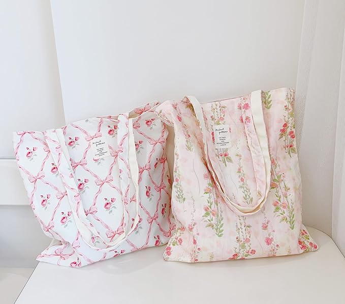 Cotton Canvas Tote Bag Reusable Soft Grocery Cloth Bag Floral Shoulder Bag for Beach Travel Shopping