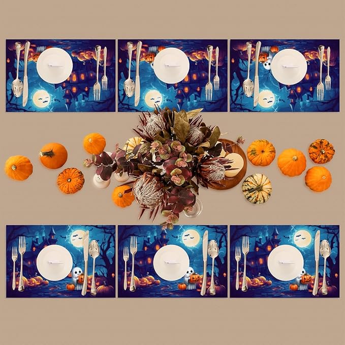 Halloween Cute Ghosts Pumpkin Placemats Set of 6 PVC Vinyl Non Slip Table Mats Heat Resistant Place Mats Washable Wipeable Dining Table Mat for Kitchen Decor Party Indoor Outdoor Decorative Gift