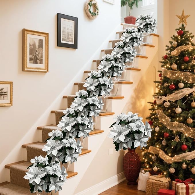 6 Pack Slive Christmas Artificial Poinsettia Flowers Faux Poinsettia Bush Bouquets Silk Poinsettia Christmas Tree Ornaments Poinsettia Flower Arrangement for Home Decor