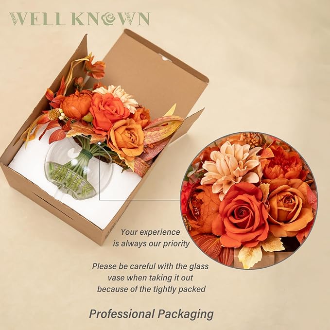Artificial Flowers in Vase, Silk Rose Peony Dahlia Flower Bouquet Table Centerpieces with Faux Water for Winter Home Decor Fake Flowers Arrangement for Wedding Birthday Party Decor (Orange & Earth)