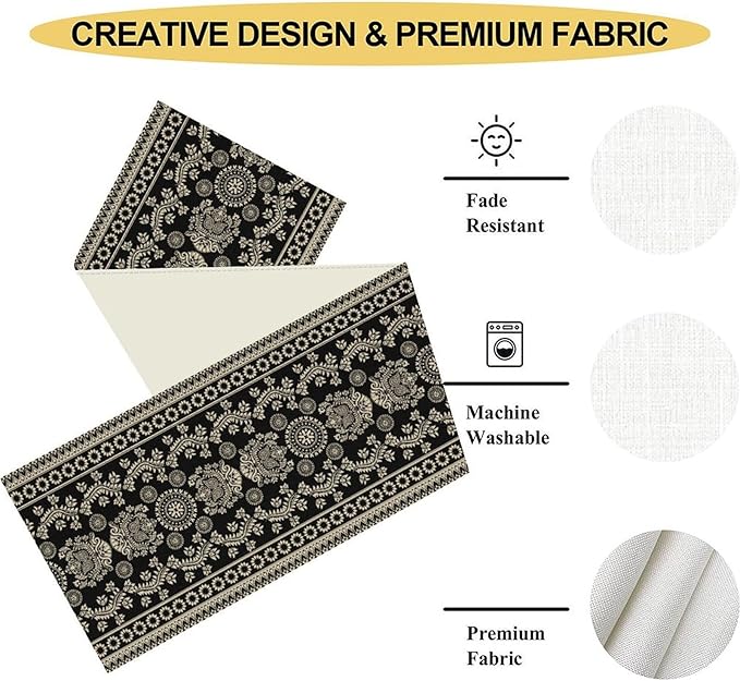 Black Paisley Table Runner, Retro Damask Boho Floral Print Linen Table Center Decor Family Kitchen Outdoor Farmhouse Holiday Party Table Decorations 13x36 inch