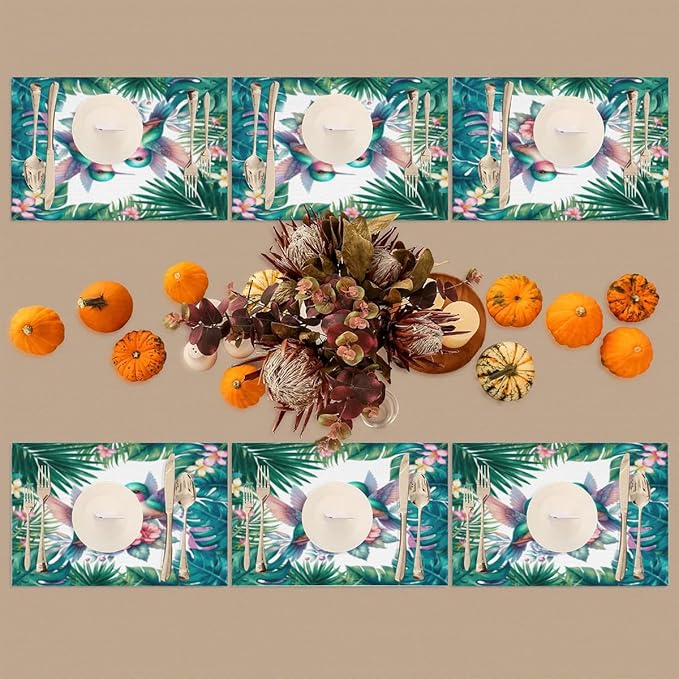 PVC Placemats Set of 4 Summer Palm Leaf Bird Wipeable Table Mats Washable Heat Resistant Non Slip Vinyl Dining Table Mat for Kithen Indoor Outdoor Patio Farmhouse Place Mats Decorative