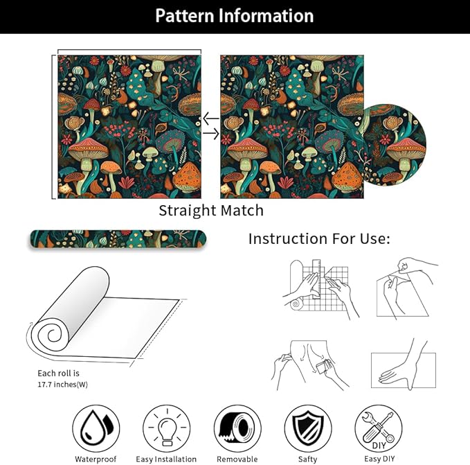 Dark Green/Brown/Teal Blue Mystical Forest Mushroom Peel and Stick Wallpaper Easy Peel Off Contact Paper Stick on Adhesive Wall Paper for Bathroom Waterproof Renter Friendly